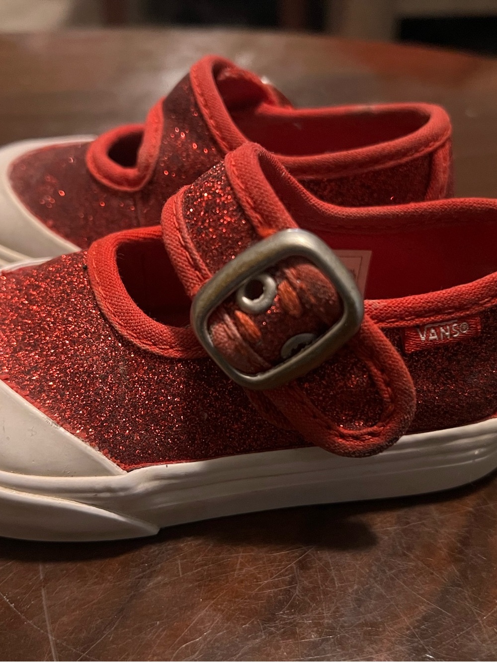 Vans Kids Red Glitter Mary Jane Strap Sneakers with Buckle